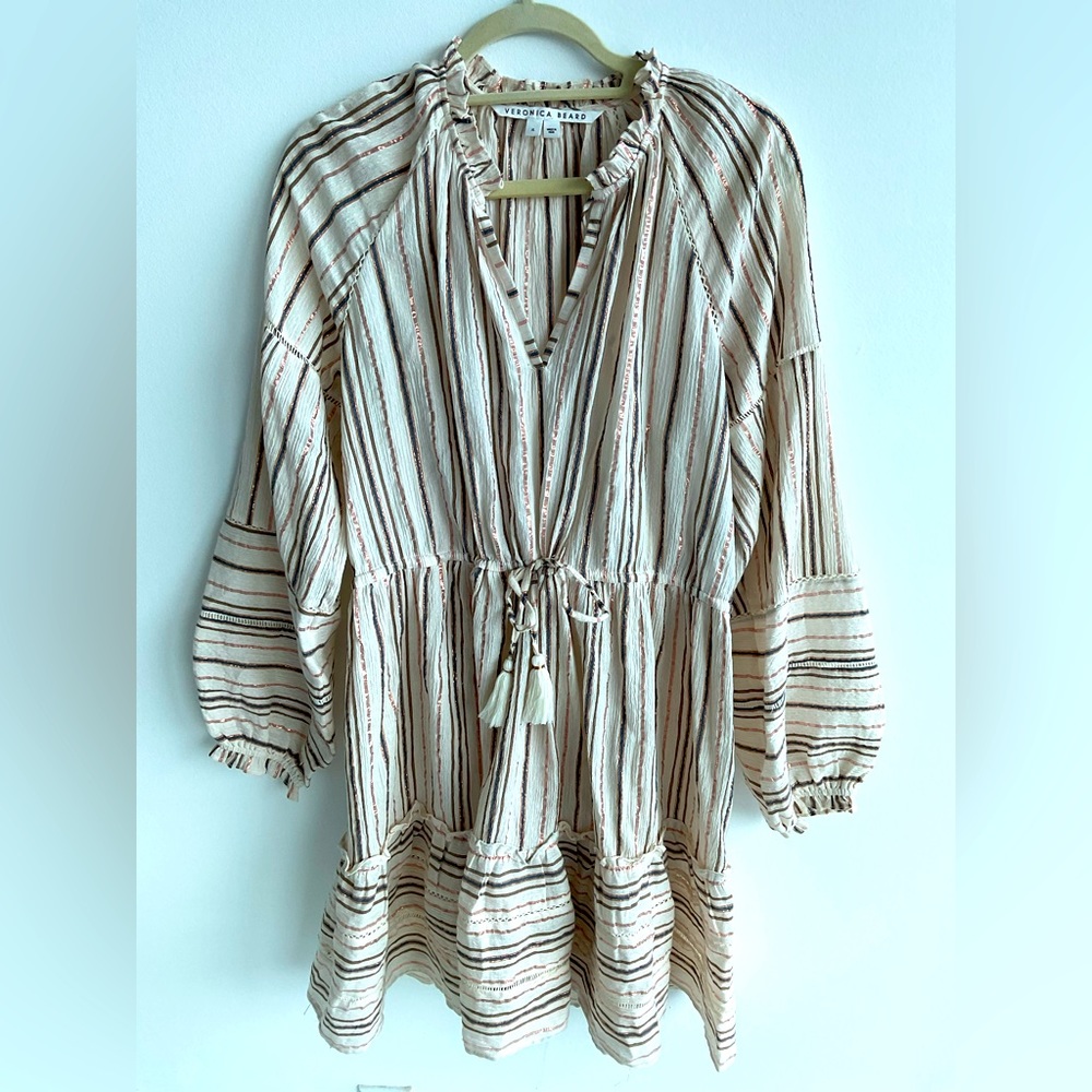 Veronica Beard Tassel Tie Mini Dress Ivory Metallic Neiman Marcus XL